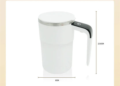 Electric coffee mug with USB charging port, magnetic stirrer, and LCD display showing temperature, in black or white colour.
