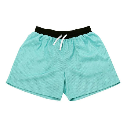 Men's black mesh running shorts with an elasticated waistband and drawcord, laid flat.