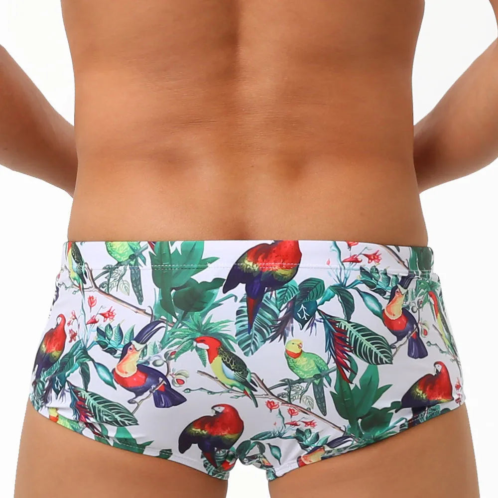 Men's flower-bird print nylon swimming trunks with cup cover in boxer brief style