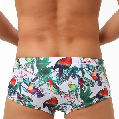 Men's flower-bird print nylon swimming trunks with cup cover in boxer brief style