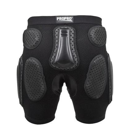 Black cycling hip protection pants shown laid flat, designed for impact safety during sports.