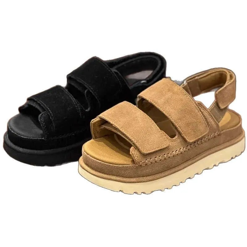 Women's plus size maroon suede peep toe platform sandals with a Velcro strap on a white background.