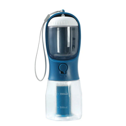 Portable 3-in-1 pet water bottle with built-in filtration system, food container, and waste bag storage compartment