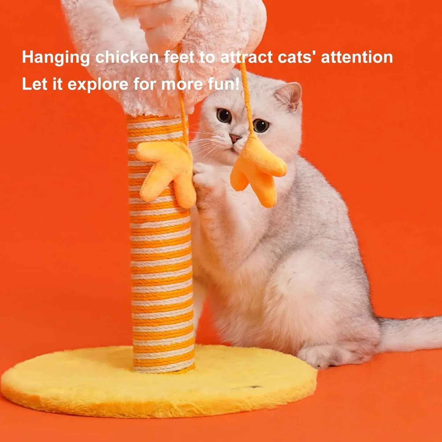 Tall vertical sisal cat scratching post with U-shaped design and spring ball entertainment feature