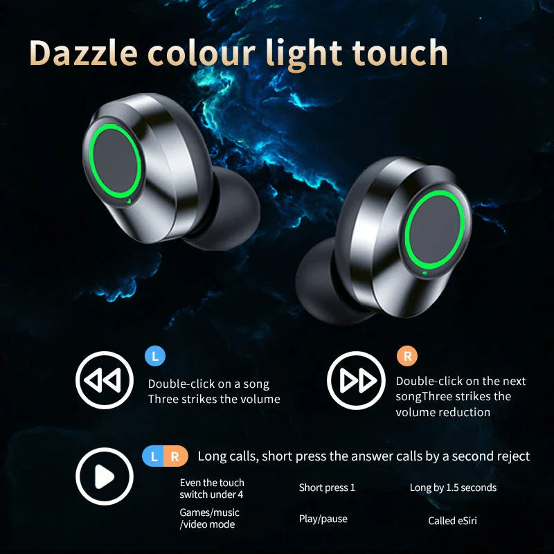 Sleek wireless Bluetooth earbuds with smart LED display, noise-cancelling microphone, and high-fidelity graphene diaphragms