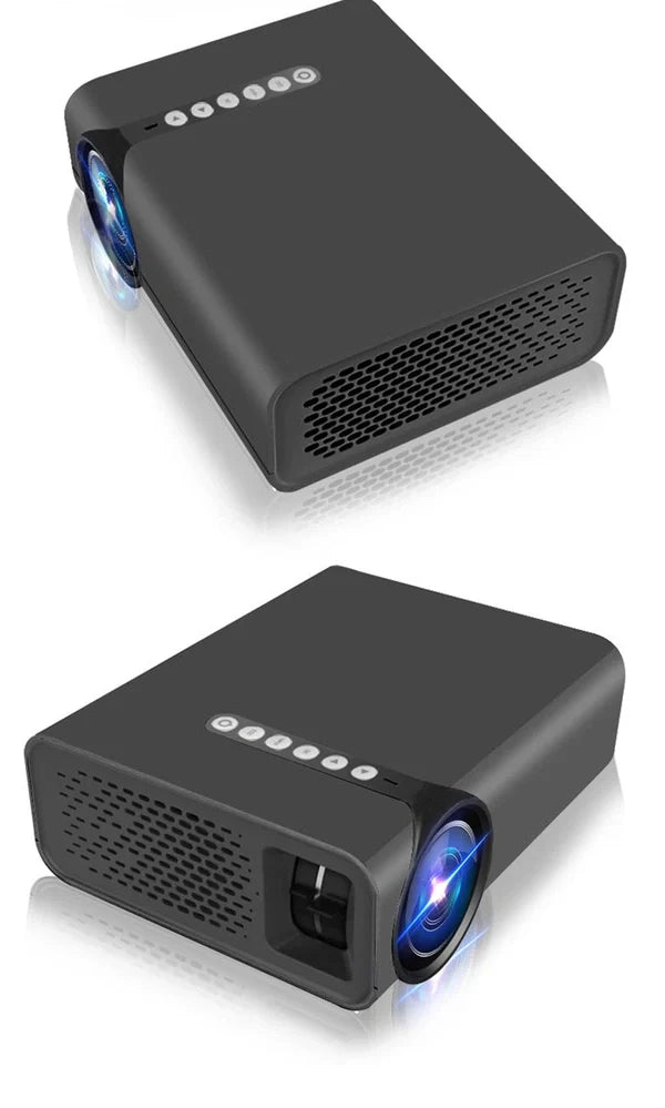 White portable home projector with remote control displaying 1024*600 resolution image