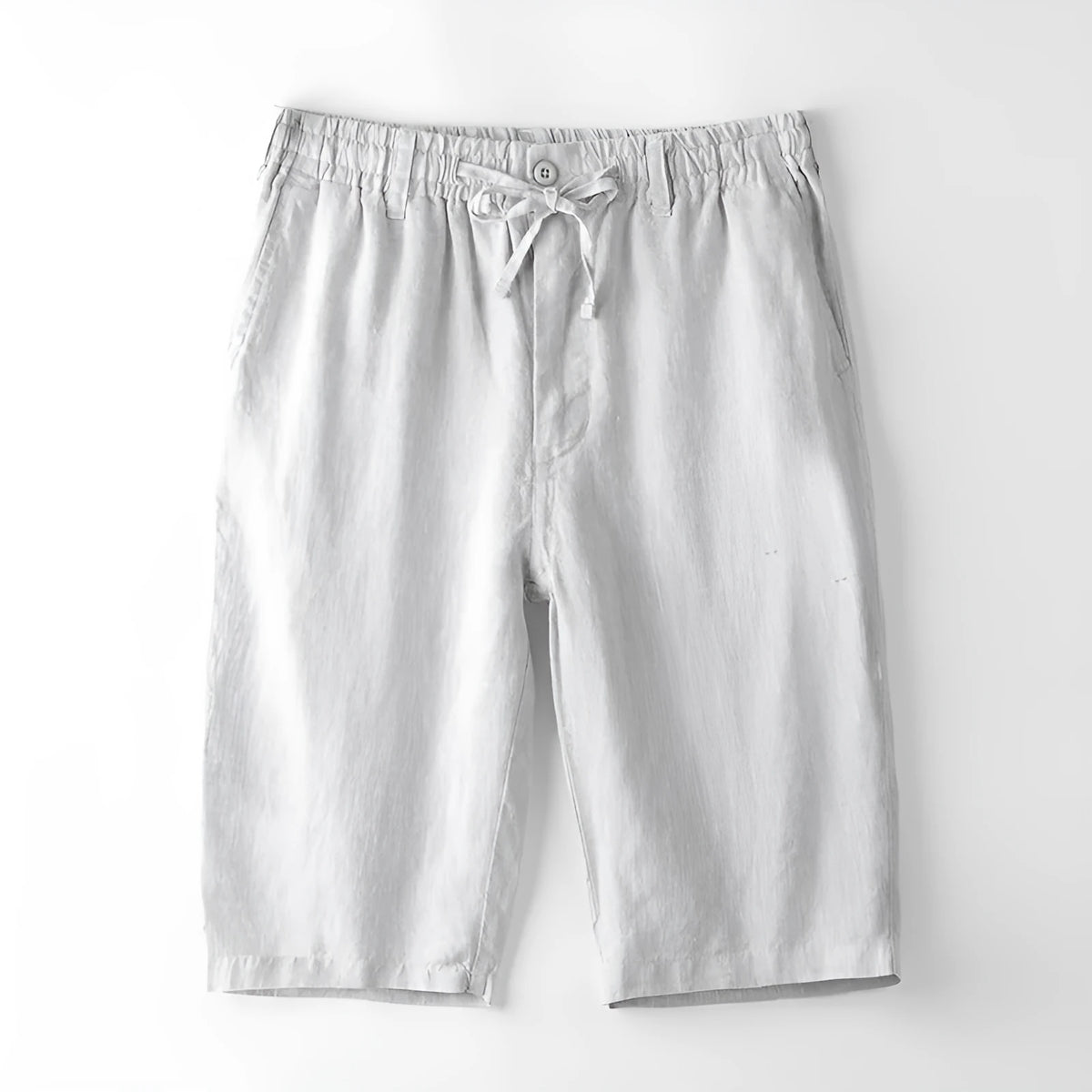 Men's loose-fit linen capri pants in a straight-leg style on a white background
