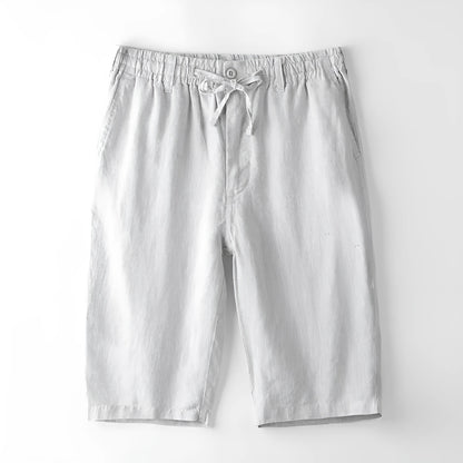 Men's loose-fit linen capri pants in a straight-leg style on a white background