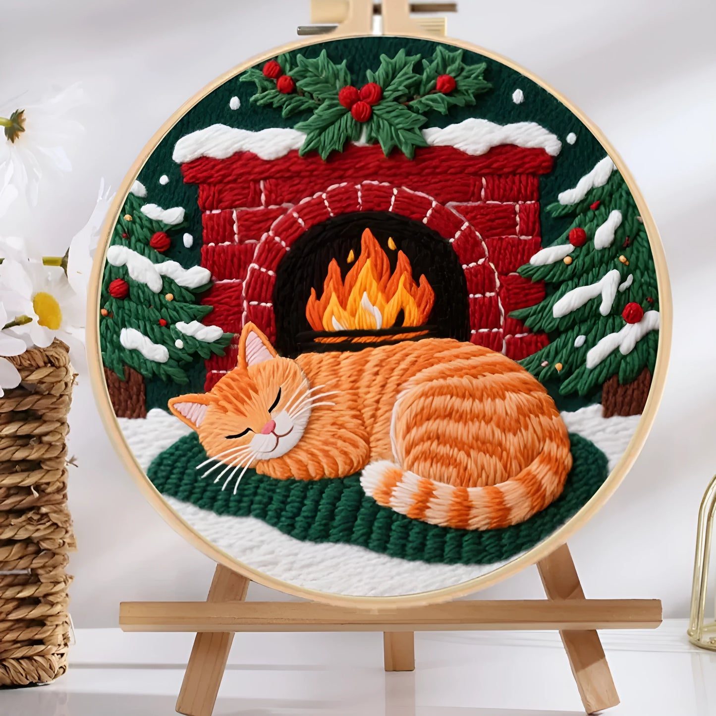 Cat embroidery DIY kit with autumn fruit design on fabric and a 20cm imitation bamboo embroidery frame