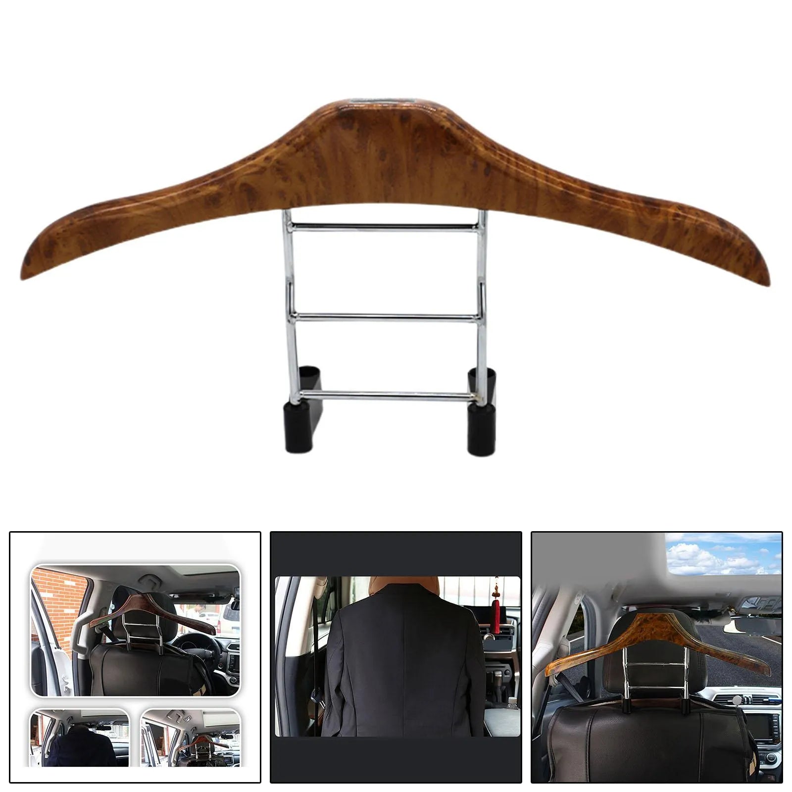 Wood yellow stainless steel car clothes hanger for suits and jackets on a car headrest.