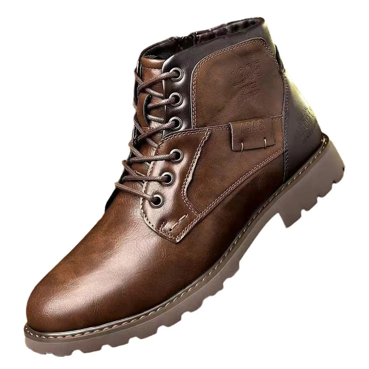 Men's brown side-zip Martin ankle boots with round toe and rubber sole