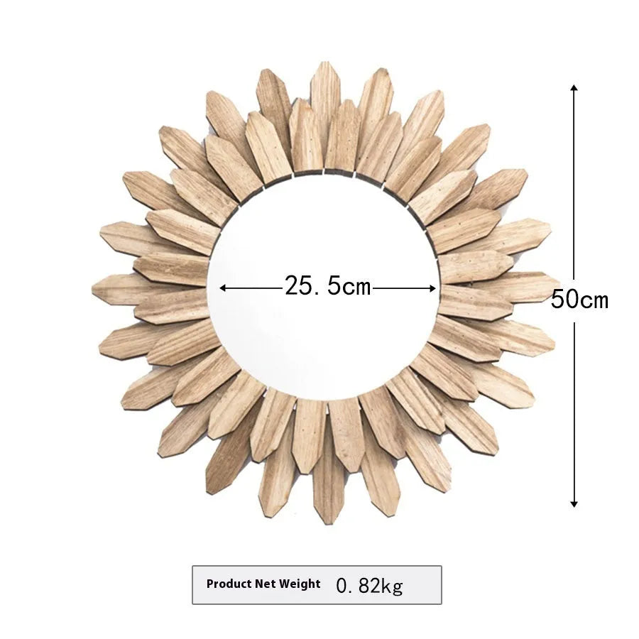 Round European-style solid wood hanging mirror with baked colour frame on a wall.
