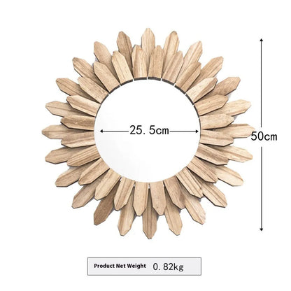 Round European-style solid wood hanging mirror with baked colour frame on a wall.