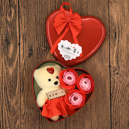 Handmade soap flowers in red heart-shaped tin box measuring 12x12x5cm