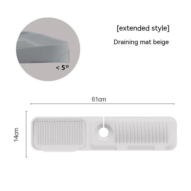 Silicone faucet splash guard with sloped design and dual drains for efficient water drainage in kitchen and bathroom sinks