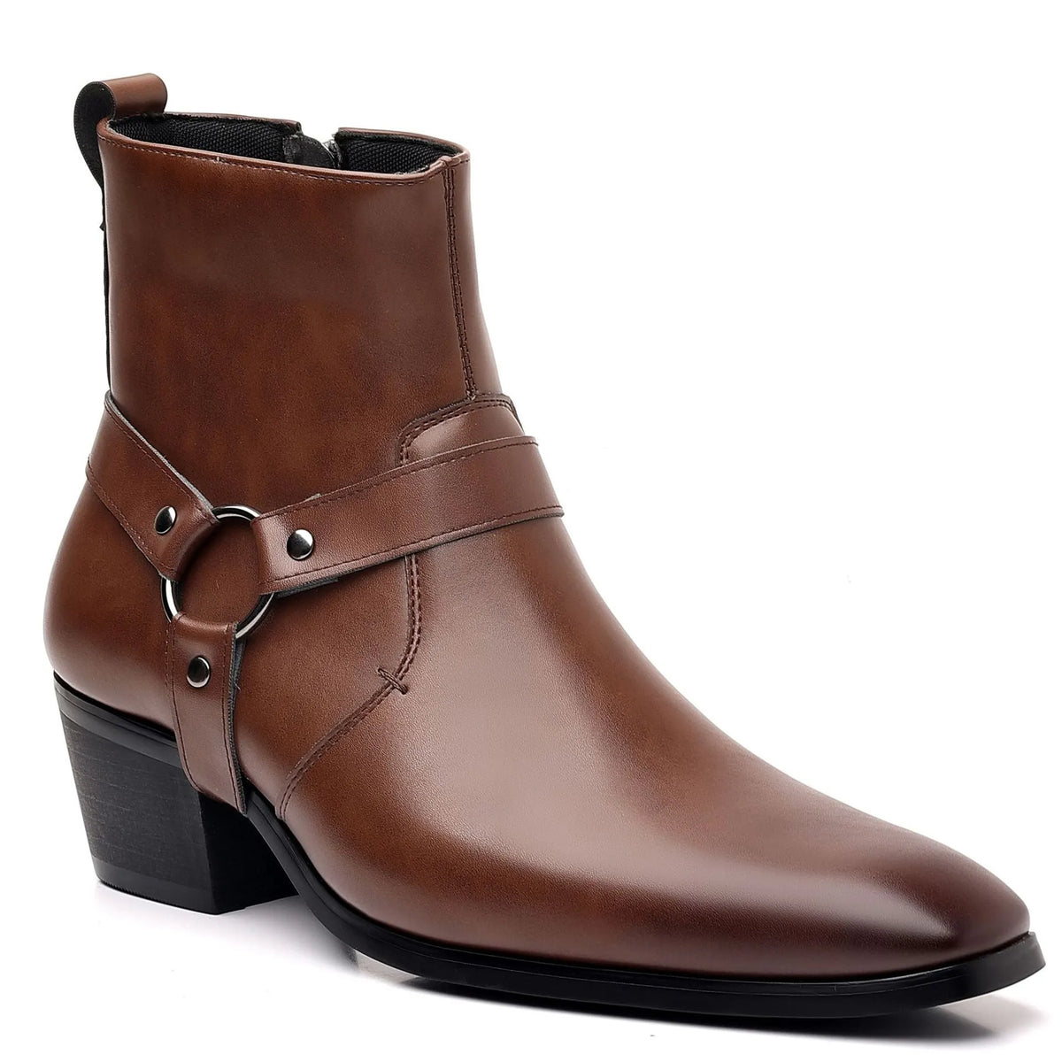Black unisex chain ankle boot with side zip, square toe, and rivet details on a 6-8cm horseshoe heel.