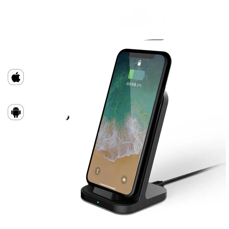 Dark grey vertical aluminium wireless charging stand for iPhone on a desk