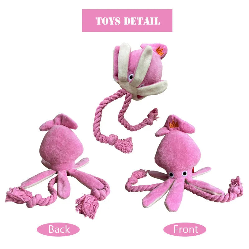Pink squid-shaped corduroy plush dog toy with a squeaker.