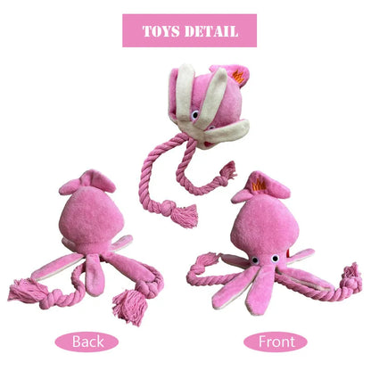 Pink squid-shaped corduroy plush dog toy with a squeaker.