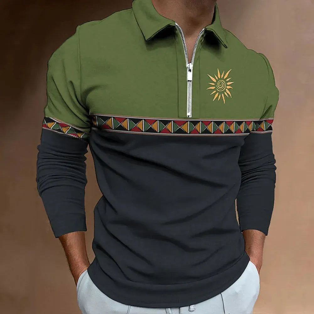 Men's retro striped long sleeve golf polo shirt with zipper decoration detail in bird eye cloth polyester