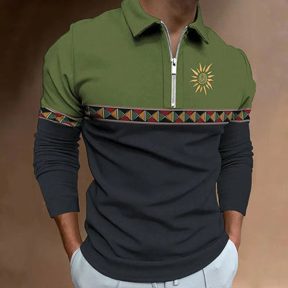 Men's retro striped long sleeve golf polo shirt with zipper decoration detail in bird eye cloth polyester