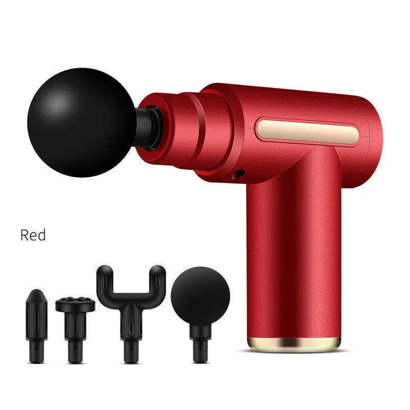 Black electric muscle massage gun with four different coloured massage heads on a grey background.