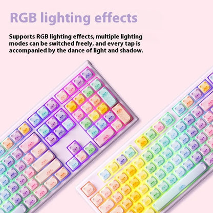MG108B Coloured Sugar Cat themed mechanical keyboard with piano shaft switches on a desk.
