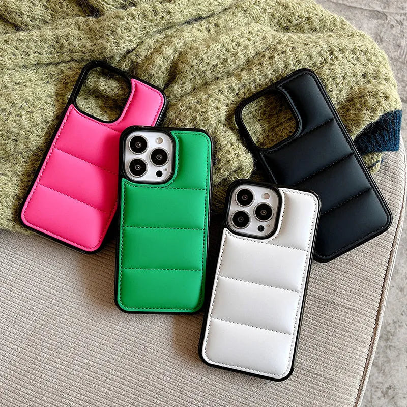 Candy down jacket texture phone case for iPhone in black, white, rose red, or green colours