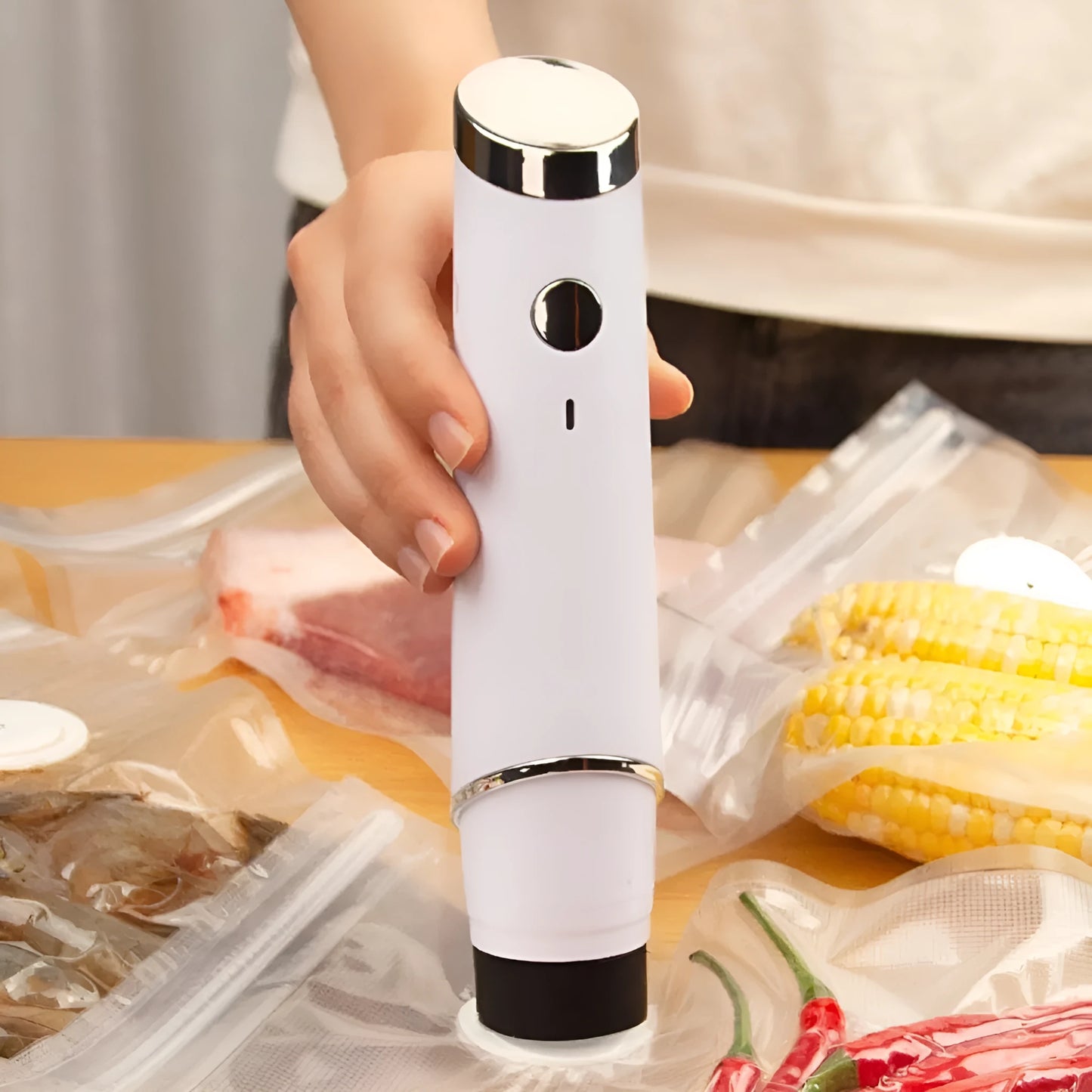 White USB electric vacuum suction pump with five clear 26x28cm plastic fresh-keeping zipper bags for food storage