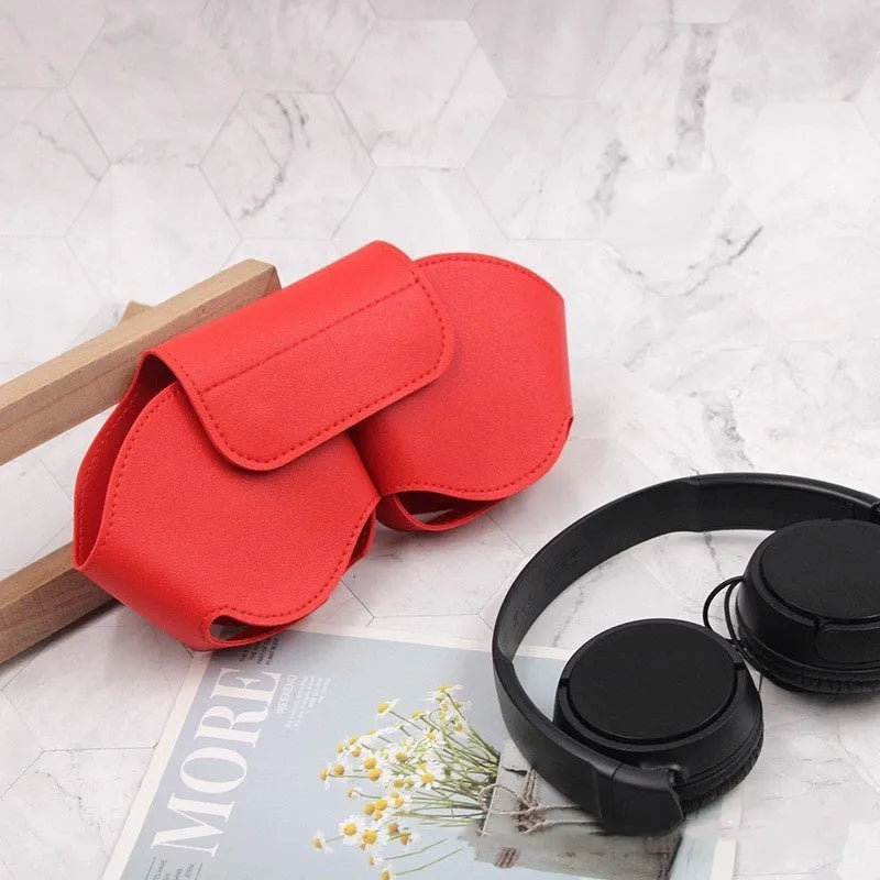 AirPods Max protective cover case in PU leather with sewing craft construction, designed for storage and travel protection of the Apple over-ear headphones, available in black, blue, green, red, and white colour options