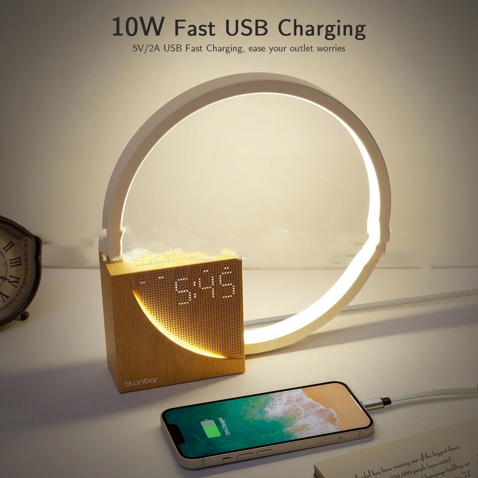 Multifunctional alarm clock bedside lamp with natural sounds, touch control, and 3-level brightness for a relaxing sleep and productive morning routine