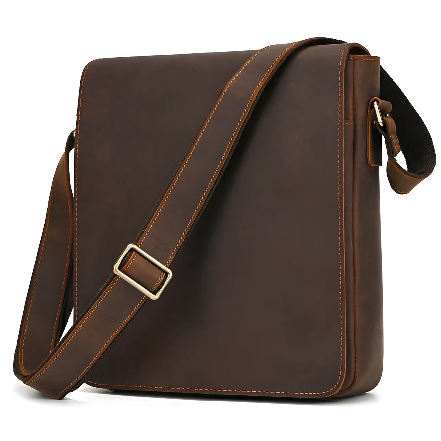 Men's brown first layer cowhide leather shoulder bag with crossbody strap and visible sewing line details.