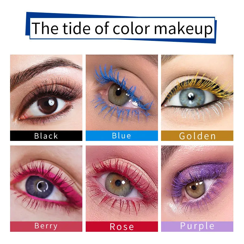 Black waterproof mascara tube with applicator showing curled lash effect
