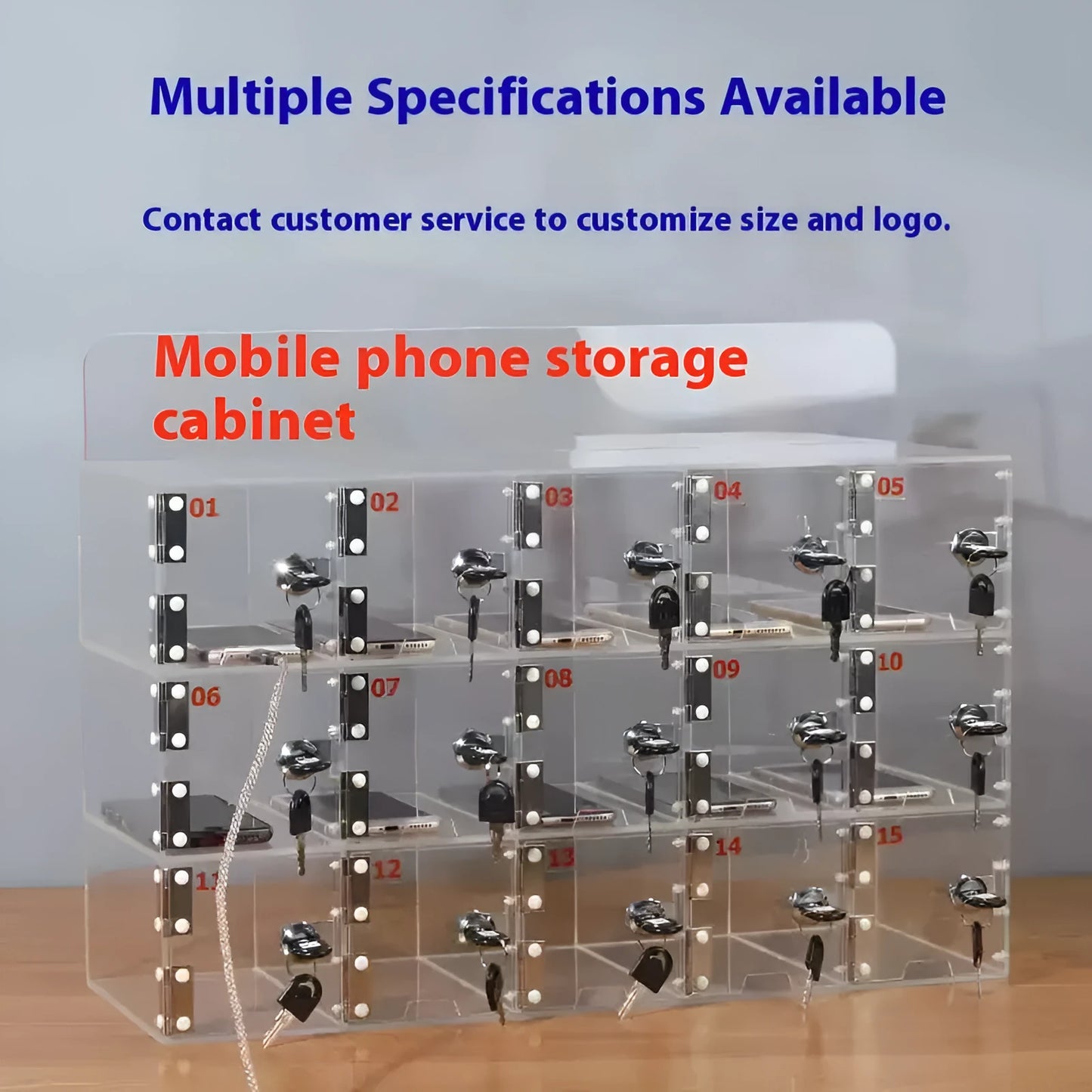 Transparent acrylic mobile phone storage cabinet with charging holes in modern simple style for office organisation