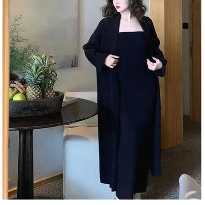 Women's knitted cardigan dress and coat suit in free size with flocked texture, available in multiple colours