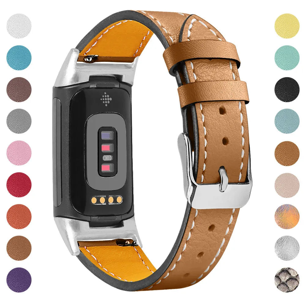 Genuine leather strap for Fitbit charge5/6 smartwatch adjustable 5.5-8.1 inches 16 colours