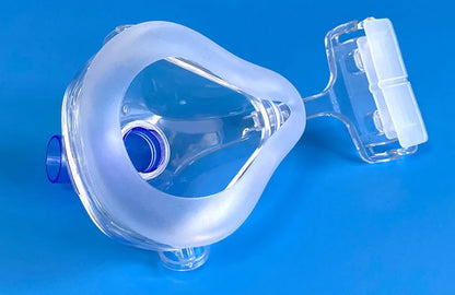 Transparent CPAP breathing mask with silicone construction and PC adapter elbows