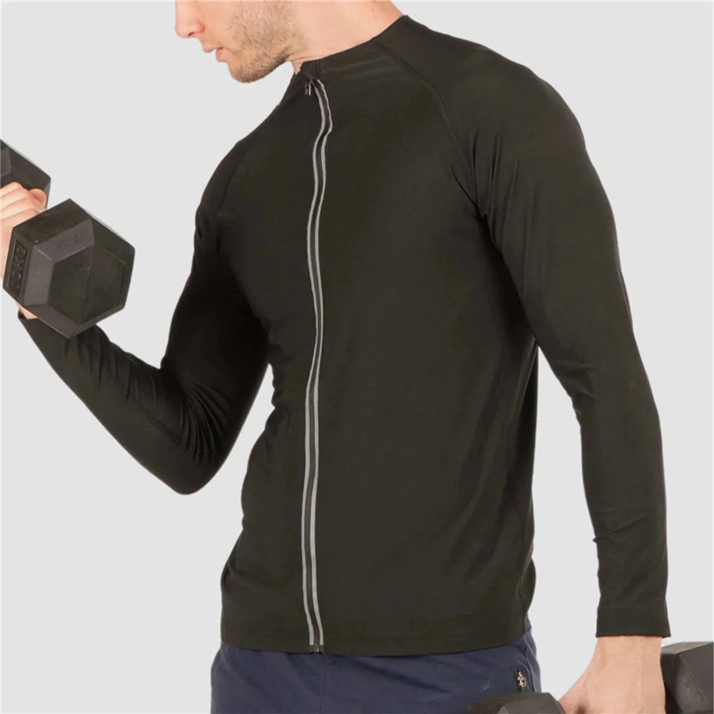 Men's black zip vest with options for long and short sleeves, made from 100% polyester.