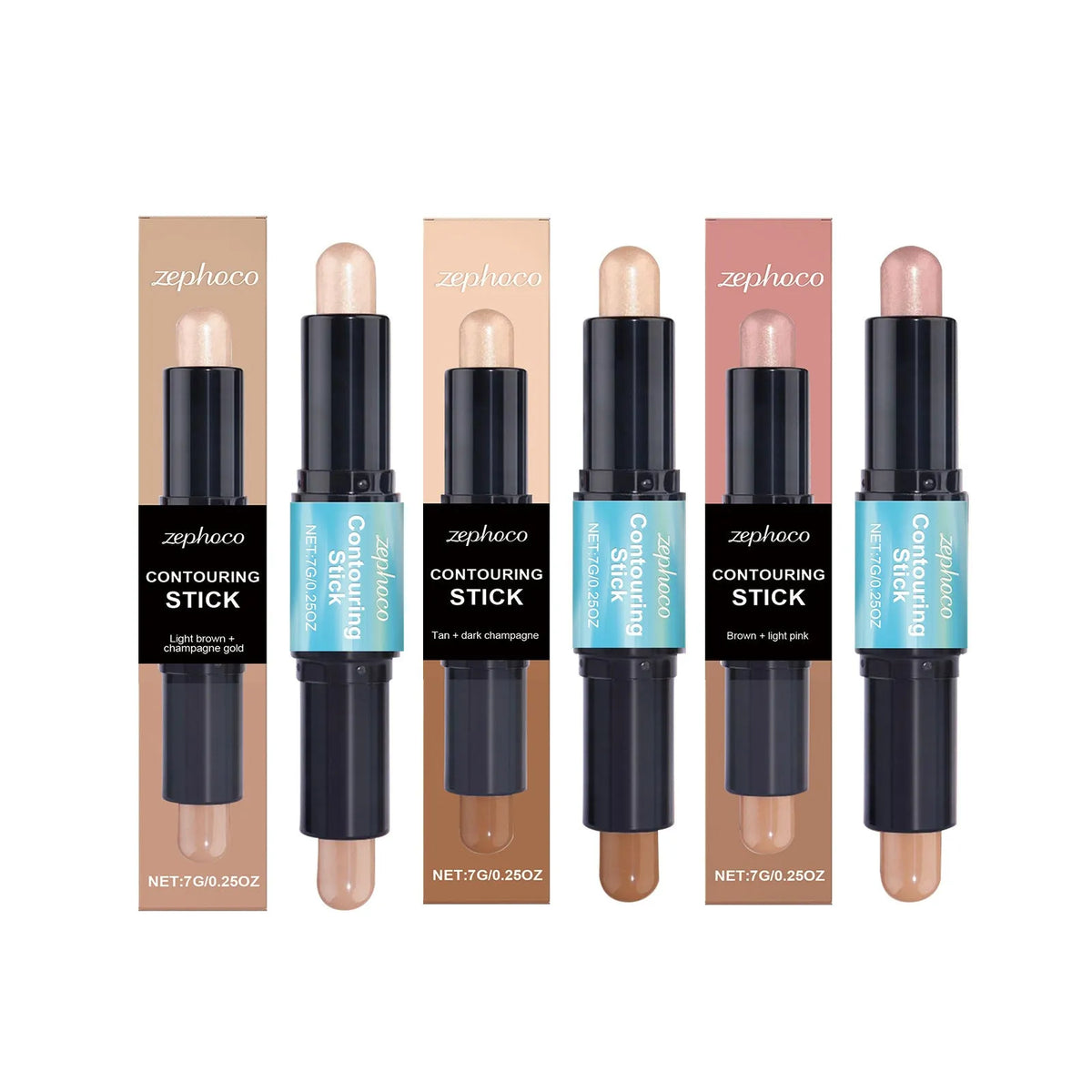 Dual-ended cream contour and highlighter makeup stick showing two shades, Tan Dark Champagne and Light Pink.