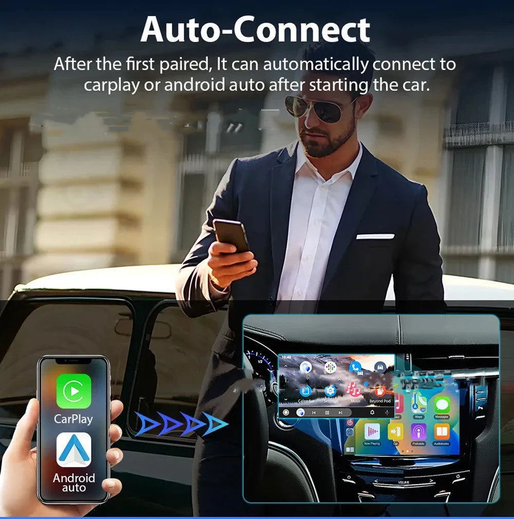 Black 9-inch wireless CarPlay adapter and GPS unit with a capacitive touch screen.