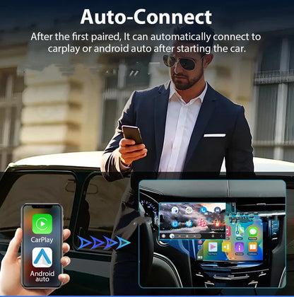 Black 9-inch wireless CarPlay adapter and GPS unit with a capacitive touch screen.