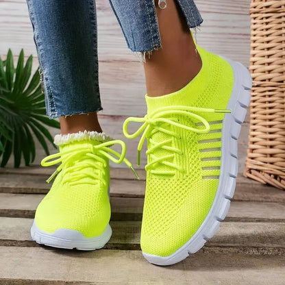 Women's flying knit casual flats with mesh upper, round toe, and front-tie design in multiple colour options