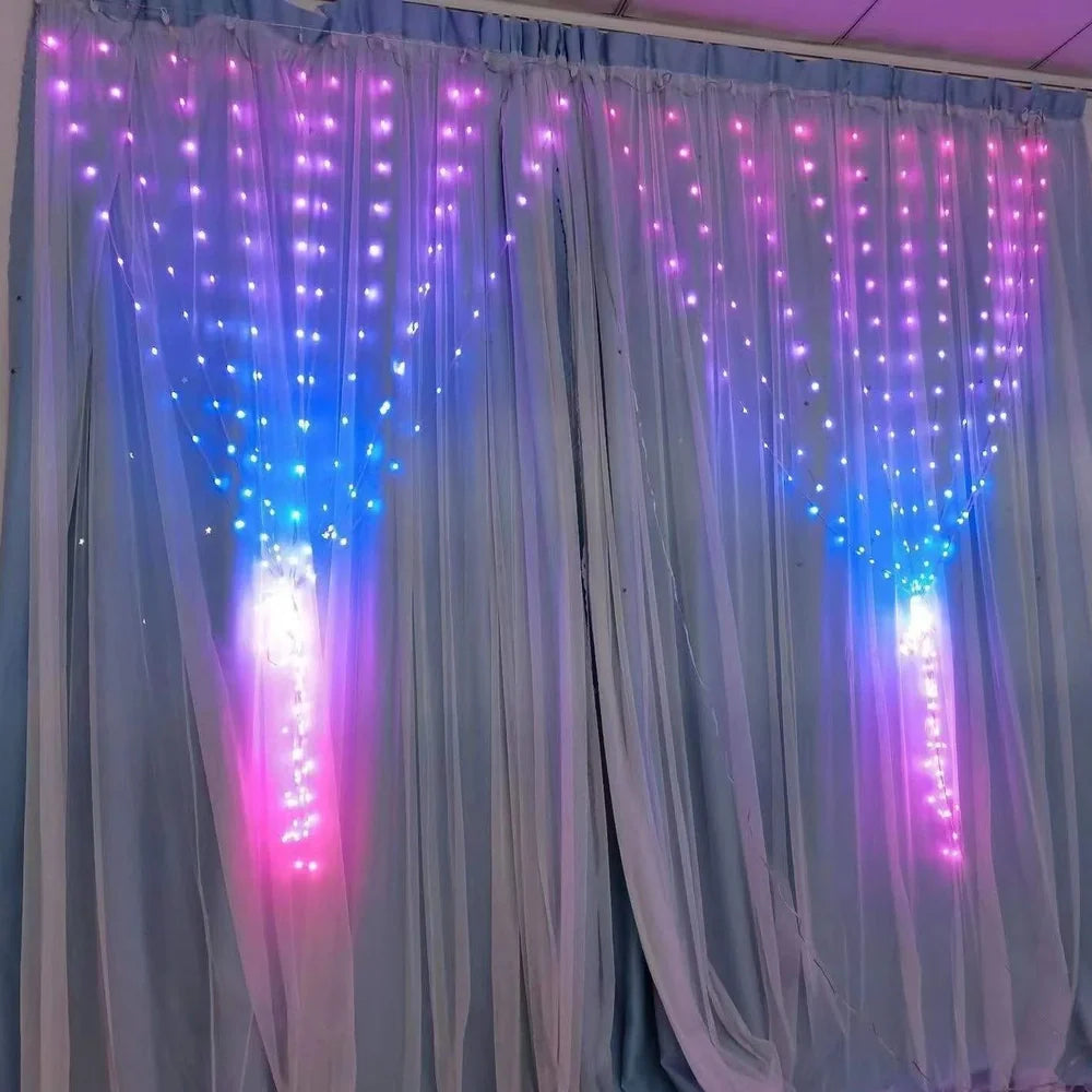 Programmable LED curtain light with Bluetooth app control showing 400 individually programmable lights