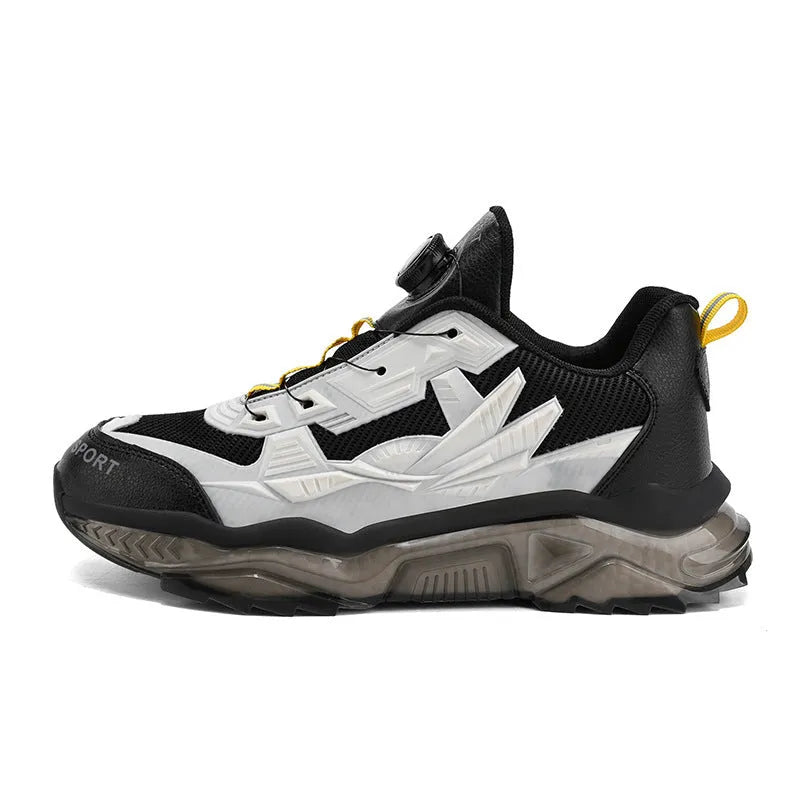 Men's black casual shoes with a rotating button fastener and mesh upper on a low platform sole