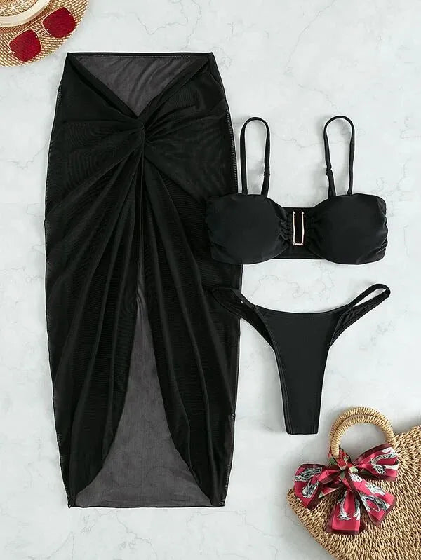 Women's multicolour French-style bikini three-piece set featuring a long culotte skirt.