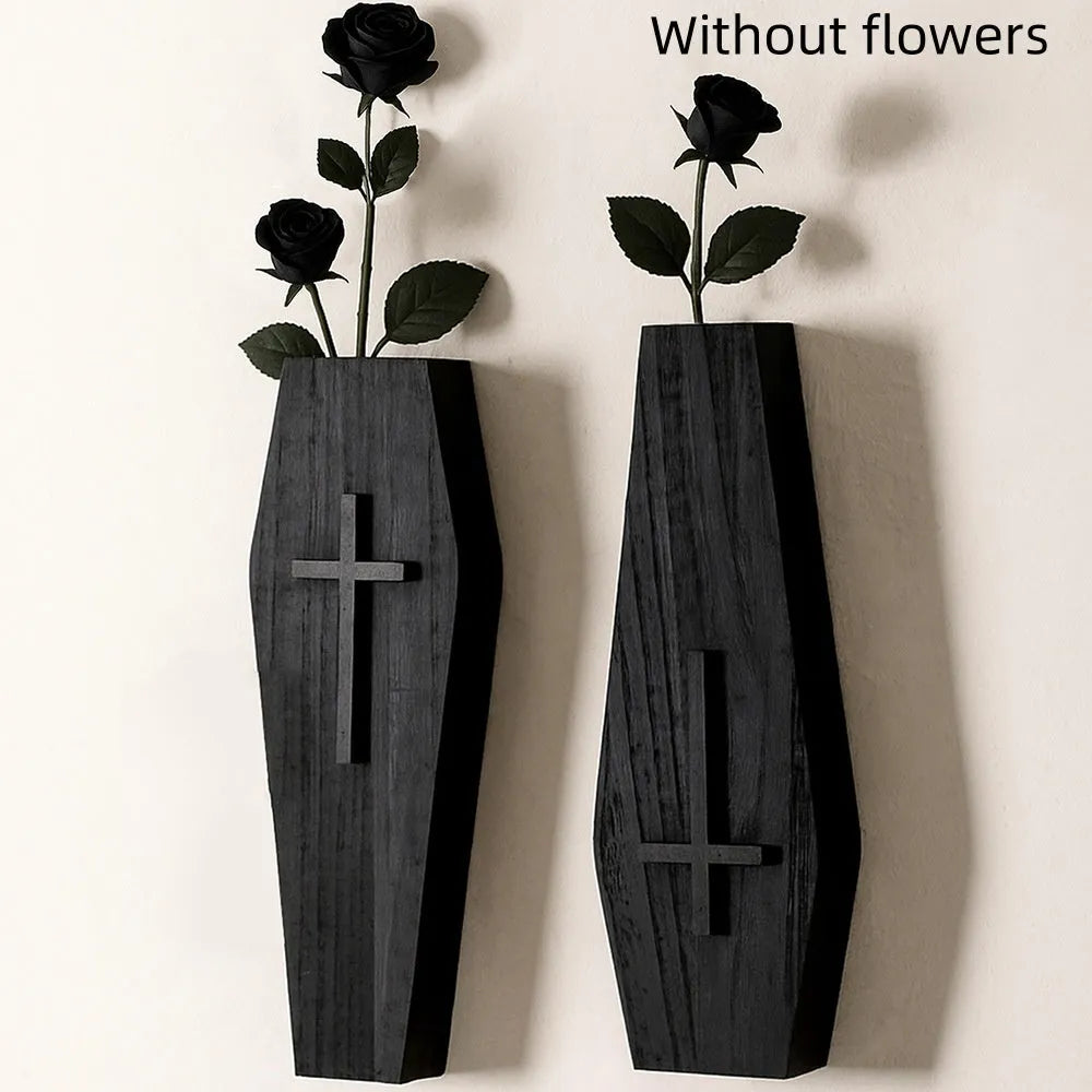 Wooden cross wall vase shelf in rustic style, dimensions 27cm by 9cm.