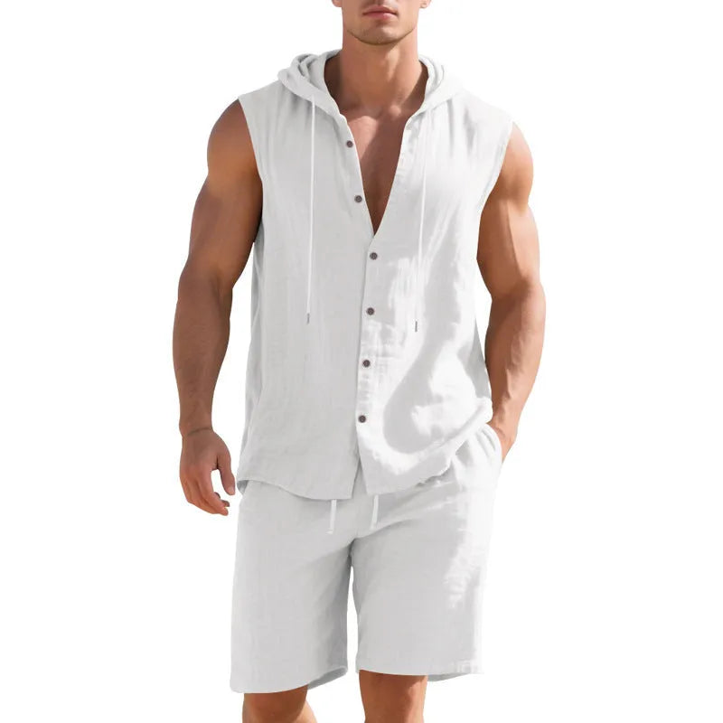 Men's linen sleeveless shirt shorts suit for summer casual wear in Army Green, Black, Gray, Light Blue, Light Khaki, Navy Blue, White, or Yellowish Brown, available in sizes S to XXXL
