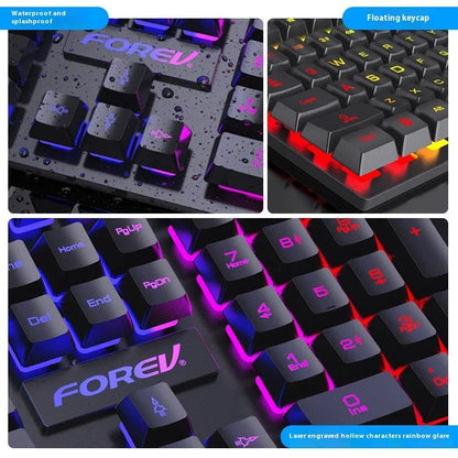 Black portable gaming keyboard with 104 keys and backlight illumination next to matching mouse