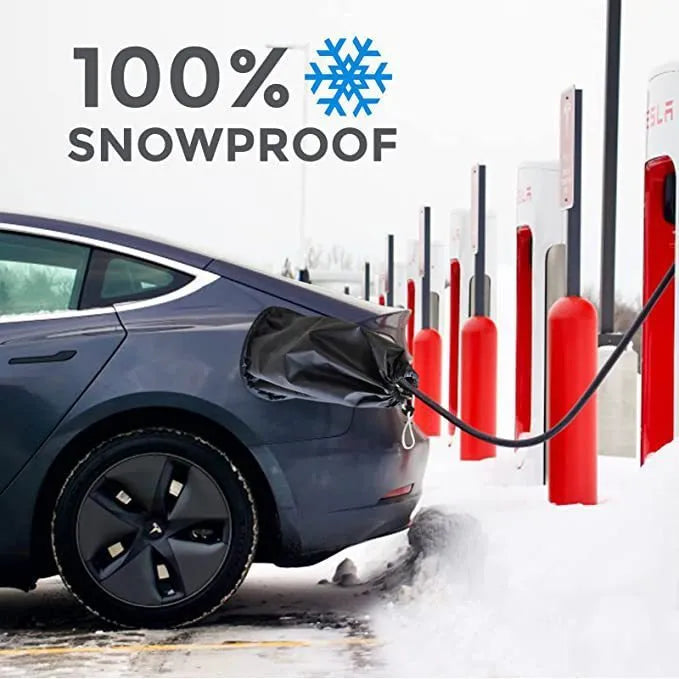 Grey waterproof cover for electric vehicle charging port with drawstring closure