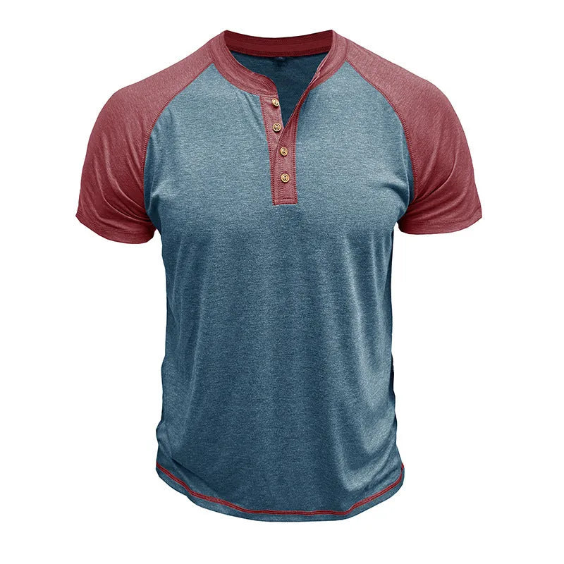 Men's short sleeve top with colour block design showing contrasting colour panels and raglan sleeves